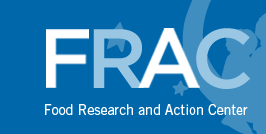 FRAC Logo (the words FRAC Food Research and Action Center) are shown in white and light blue in front of a darker blue background with stars and an portion of a circle surrounding silhouettes of kids