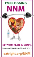 Heart plate lifts dumbbell. "I'm blogging NNM Get your plate in shape. National Nutrition Month 2012. EatRight.org/NNM"