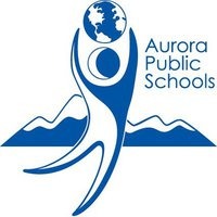 Aurora Public Schools Logo (simple graphic featuring a person holding a globe above their head while jumping, background is of a mountain range)