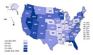 Map of the US with the states shown in different shades of blue and purple