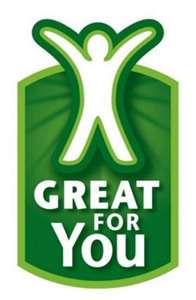 Simple logo of a person with their arms raised into a v shape stands above the words "GREAT FOR YOU" on green background.