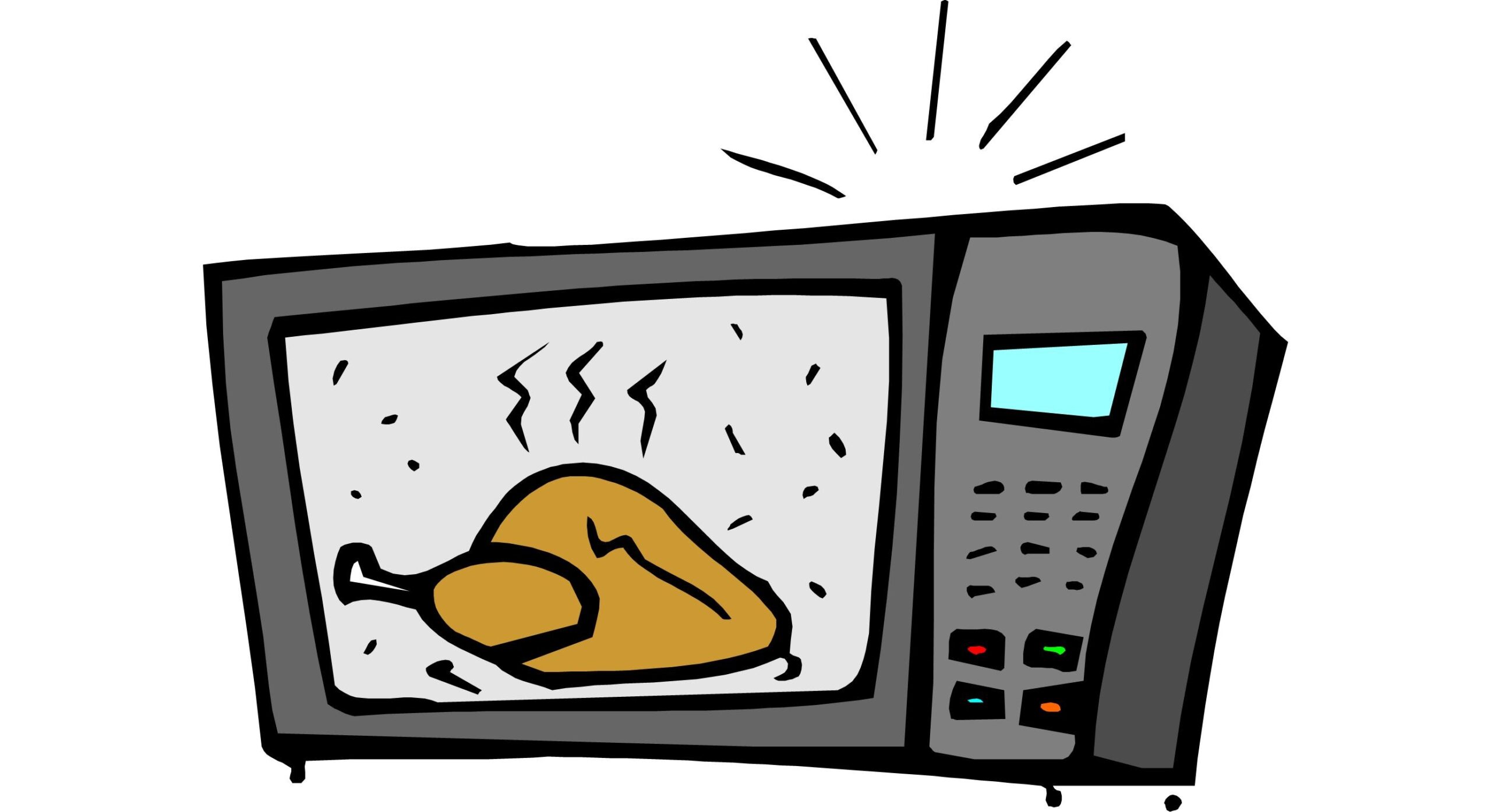 cartoon depiction of a whole turkey cooking in a microwave