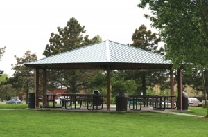 Empty outdoor picnic table shelter