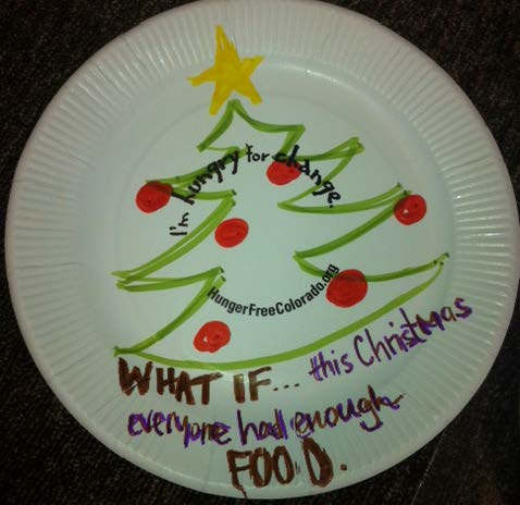 White paper plate that has a Christmas tree drawn on it and reads "what if... this Christmas everyone had enough food."