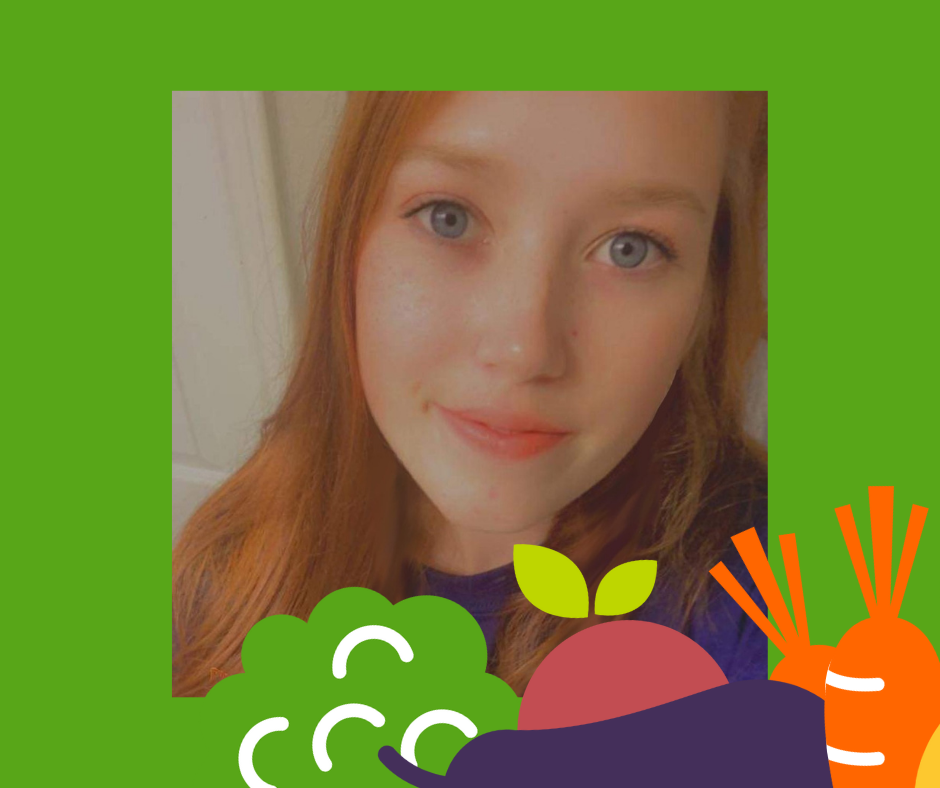 Headshot of Izzy Bratton with some simple food graphics as an overlay in the bottom right