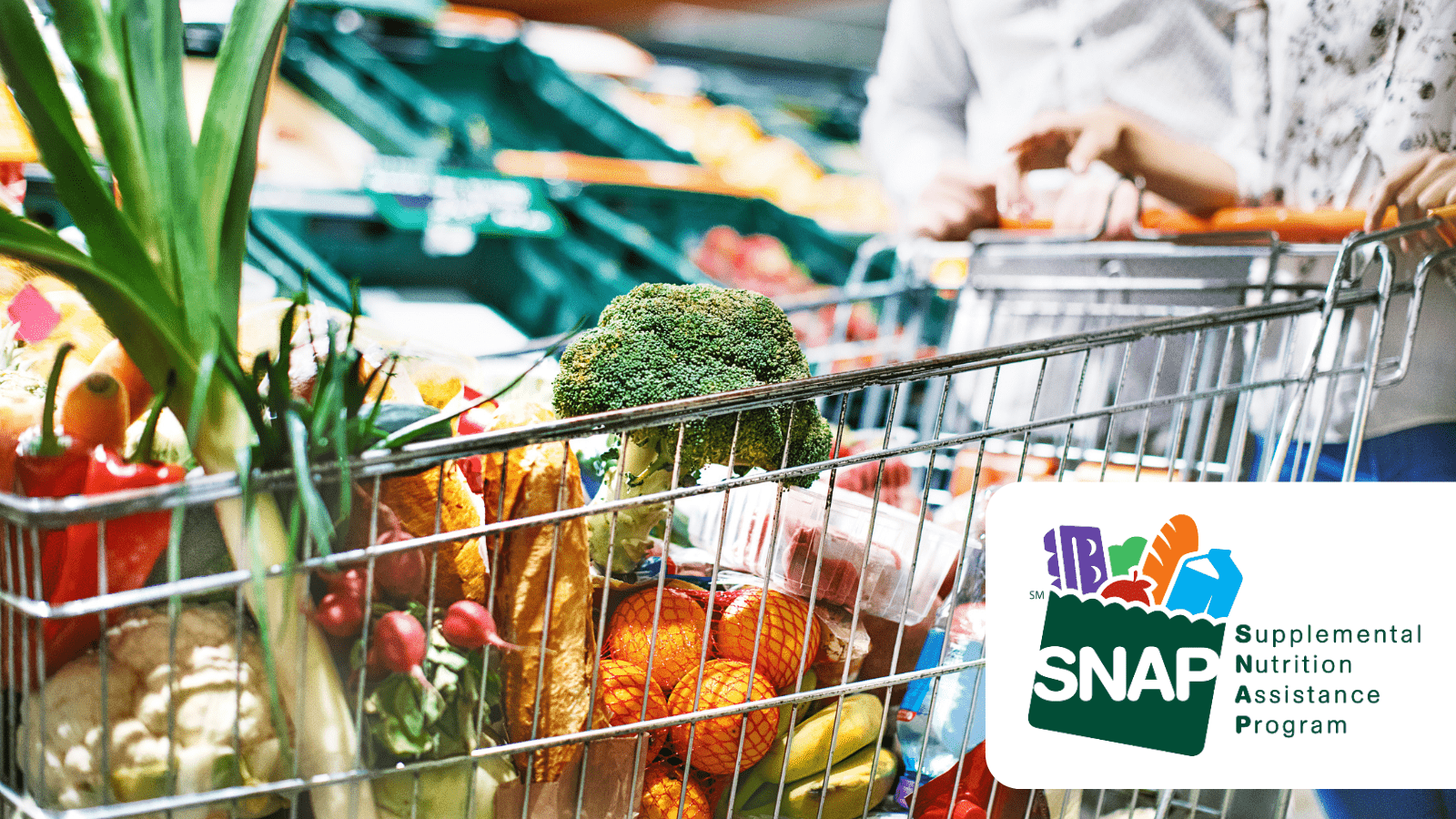 Couple pushes grocery cart full of healthy food (SNAP logo sits in a white box in the bottom right)